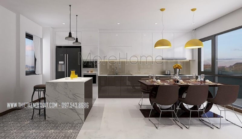 Tủ bếp đảo acrylic hiện đại lồng được bố trí khá đặc biệt với đảo bếp thiết kế theo cạnh chữ L với tủ bếp và nhường chỗ cho bộ bàn ghế ăn vừa tạo nên sự tiện nghi vừa mang lại không gian hài hòa, đẹp mắt, sang trọng. Thiết kế tủ bếp nhà phố sang trọng