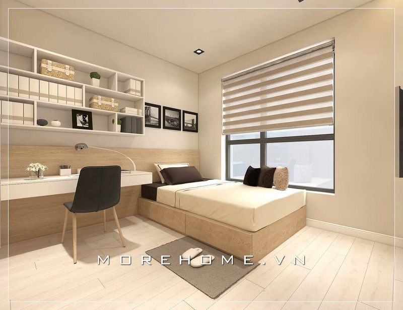 Mẫu thiết kế bàn làm việc trong phòng ngủ dạng treo không chân kết hợp vách ốp gỗ đầu giường kiểu dáng trẻ trung lạ mắt cho chung cư, nhà phố hiện đại