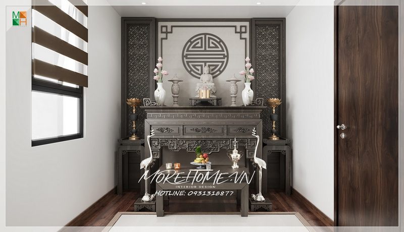Gợi ý mẫu bàn thờ hiện đại gỗ óc chó cao cấp, đường nét tinh xảo, diện tích khuôn viên thờ cúng rộng rãi, màu sắc trầm ấm tạo không khí trang nghiêm.