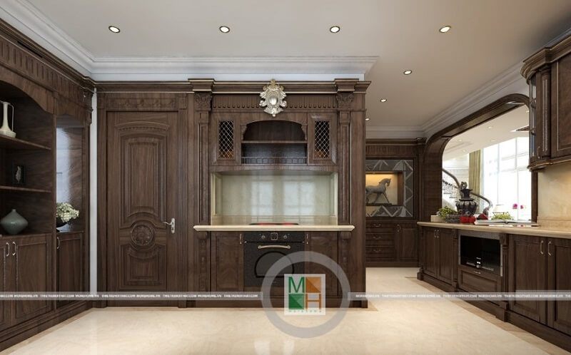 Để tôn lên vẻ đẹp thời đại của phòng bếp cao cấp, sang trọng, cần được bố trí kính ốp tiện lợi cho việc vệ sinh.